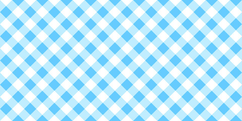 Blue and white diagonal gingham pattern. Tablecloth, picnic plaid, basket napkin, towel or handkerchief print. Cotton, linen or flannel textile design. Checkered background. Vector flat illustration.