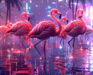 A flock of flamingos, each leg a different tech gadget, from laser cutters to hacking tools, stands in the synthetic waters of a neon oasis 