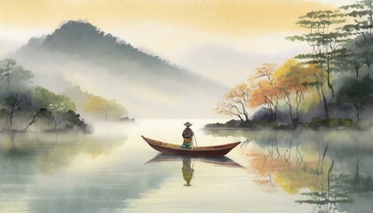 Kleines Boot mit einem Fischer in einem nebligen See im japanischen Sumie-Stil - obrazy, fototapety, plakaty