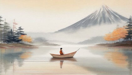 Kleines Boot mit einem Fischer in einem nebligen See im japanischen Sumie-Stil