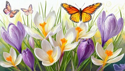 spring awakening butterflies and crocuses.