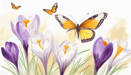 spring awakening butterflies and crocuses.