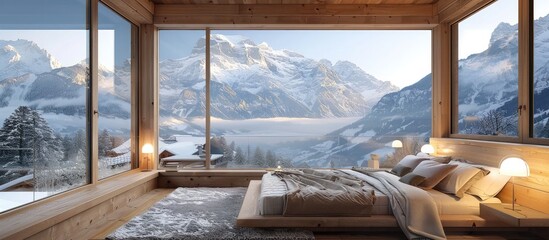 Serene Mountain Chalet Bedroom with Panoramic Snow Capped Peaks View
