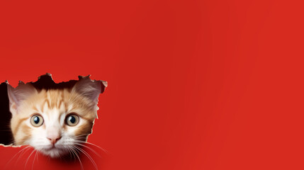 Ein süßes Kätzchen schaut durch ein Loch in einer roten Wand. - obrazy, fototapety, plakaty
