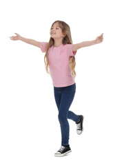 Full length portrait of happy girl running on white background
