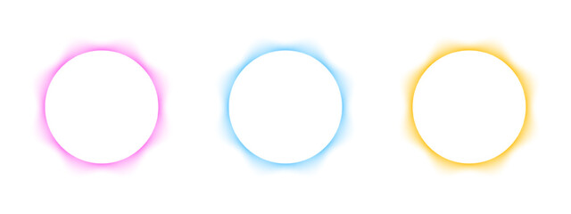Set of blurry round frames. Circle shapes with pink, blue and yellow neon gradient borders isolated on white background. Abstract design elements or web banners with empty space. Vector illustration.