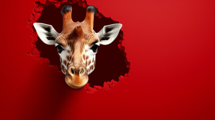 Giraffe mit Neugier: Ein sanfter Riese schaut durch einen Einbruch in der Wand.

 - obrazy, fototapety, plakaty