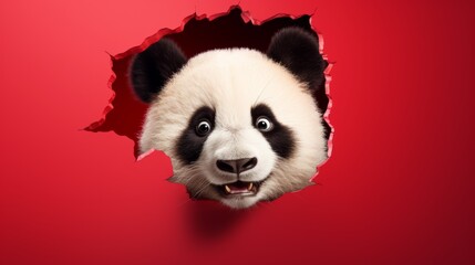 Erstaunter Pandablick: Ein Pandabär schaut mit großen Augen durch ein Loch in einer roten Wand.