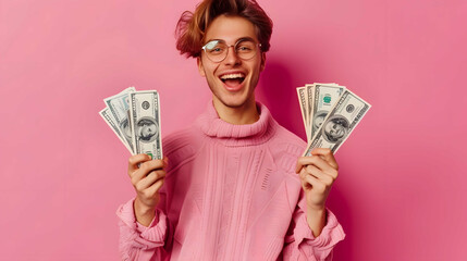 Happy woman with dollar banknotes showing money gesture on pink background