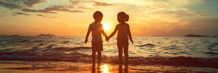 Silhouette of two children holding hands on the beach at sunset, during the golden hour light. National Siblings day. banner