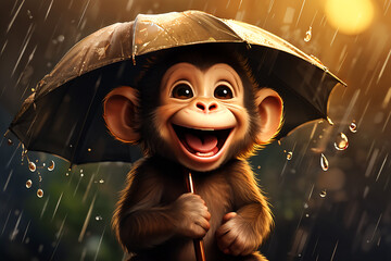 A  cute baby monkey laughing and having fun holding an umbrella on a rainy day.
Generative AI - obrazy, fototapety, plakaty