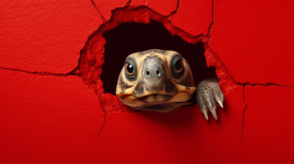 Eine Schildkröte schaut durch ein Loch in einer roten Wand. - obrazy, fototapety, plakaty