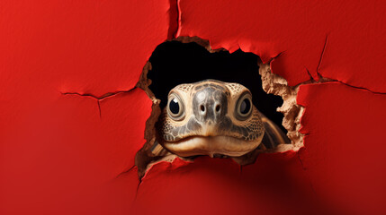 Langsame Neugier: Eine Schildkröte schaut durch ein Loch in einer roten Wand. - obrazy, fototapety, plakaty