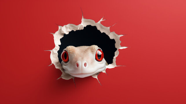 &Uuml;berraschender Besucher: Ein s&uuml;&szlig;er Gecko sp&auml;ht durch ein Loch in einer leuchtend roten Wand.