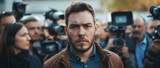 A man with a serious expression surrounded by reporters in the film industry poses for the camera. Concept Film Industry, Serious Expression, Reporters, Man, Portraits