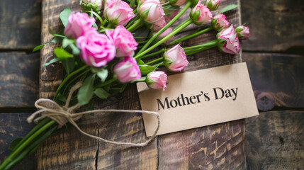 Herzlicher Muttertagsgruß: Ein liebevoll zusammengestellter Tulpenstrauß in Rosa, neben einer Muttertagskarte auf einem rustikalen Holzhintergrund, vermittelt herzliche Wertschätzung.
