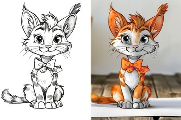 Coloring book with example. Black and white and color identical illustration. Cat with a bow. Cute...