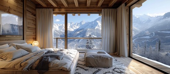 Cozy Mountain Chalet Bedroom with Panoramic Snow Capped Peaks View