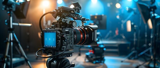 Professional film production equipment in a studio setting including highdefinition camera tripod and lighting. Concept Film Production, Studio Setting, High-definition Camera, Tripod, Lighting - obrazy, fototapety, plakaty