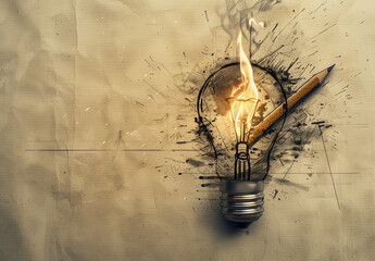 A light bulb with a pencil on top of it. Concept of creativity and inspiration, as the pencil represents the act of writing - obrazy, fototapety, plakaty