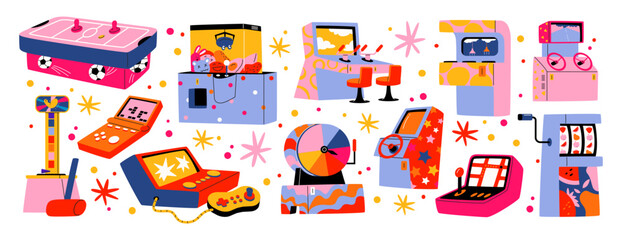 Cartoon casino slot machines.Set of stickers in acid groovy style, roulette, cards, jackpot and big win. Retro gaming elements, arcade machines © Limpreom