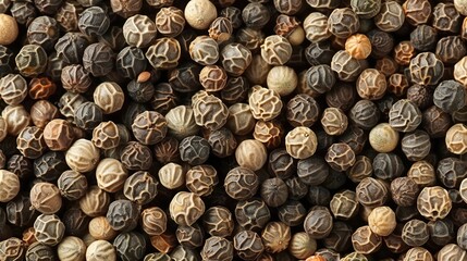 Close-up background of beige and black pepper seeds. Top view and flat lay. Can be used for spice backgrounds, banners and templates.
