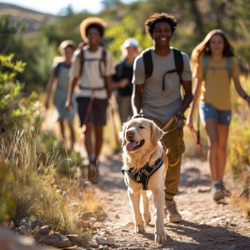 Visually impaired teenager hiking with friends and a guide dog on a sunny day