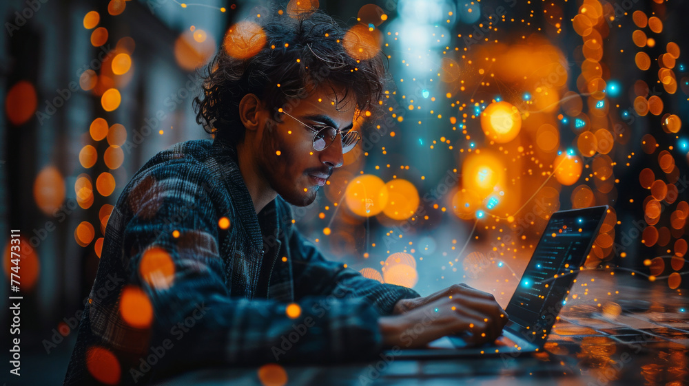Wall mural futuristic iot concept: man coding on laptop and tablet, symbolizing digital innovation in software 