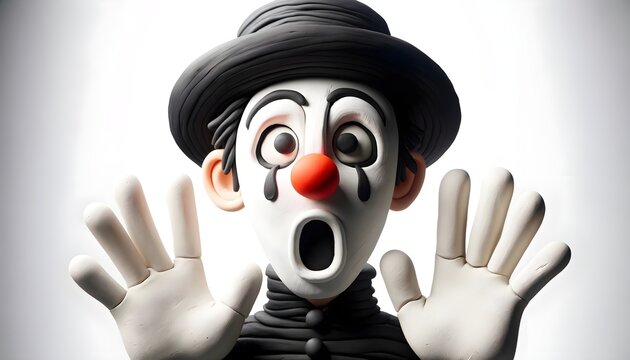 Personnage en p&acirc;te &agrave; modeler : Portrait d'un mime exprimant la surprise