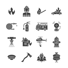 Firefighting glyph vector icon set. Fire department symbol with fire, fire hose, firefighter, extinguisher, fire engine, sprinkler system, burning house, helicopter, hydrant.