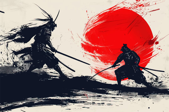 Abstract scene of two samurais duel on the sunset, japanese style hand drawn digital art illustration painting background
