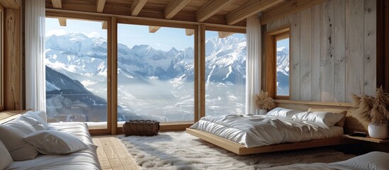 Serene Mountain Chalet Bedroom with Panoramic Snow Capped Peak Views