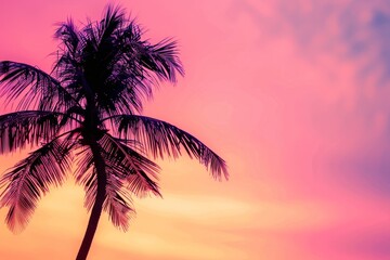 A vibrant pink and orange sunset sky with a palm tree silhouette creates an exotic tropical background for travel and vacation advertising Generative AI