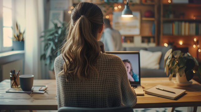 Remote Communication: Woman in Video Call at Home Office