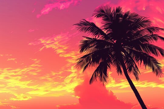 A vibrant pink and orange sunset sky with the silhouette of an isolated palm tree, creating a tropical vibe for your product presentation background Generative AI