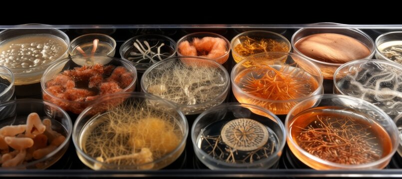 Mold and other fungi samples grown in laboratory petri dishes for mycology and microbiology research