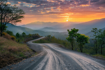 Low level picture of a moutain road at sunrise - AI Generated - obrazy, fototapety, plakaty