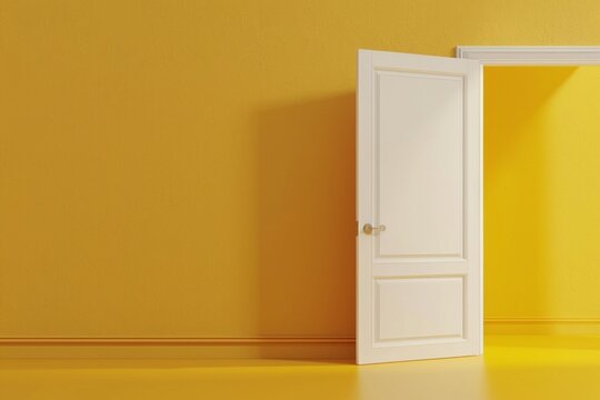 Open the door. Symbol of new career, opportunities, business ventures and initiative. Business concept. 3d render, white light inside open door isolated on yellow background. Modern minimal concept.