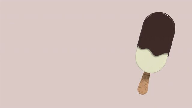 Chocolate ice cream animation. Ice cream dessert with a popsicle stick. Vanilla ice cream with chocolate topping. 4K seamless loop video footage