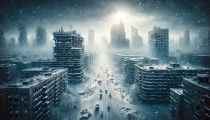 Poster Snowstorm over desolate city ruins  © Rozario