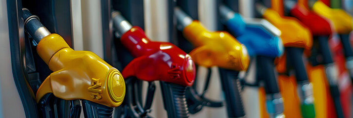 Row of various colored gas pump nozzles in a gas station. Concept of transportation, fuel, energy, and the environment.