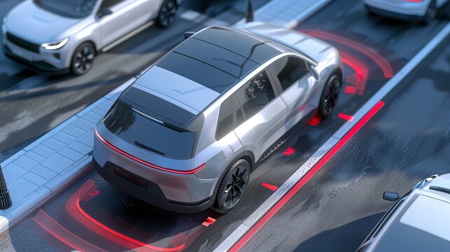A 3D rendering shows an autonomous SUV performing parallel parking on a roadside with left-hand traffic, demonstrating an intelligent parking assist system