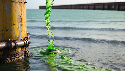 Conceptual illustration of a toxic liquid being discharged directly into the sea from an industrial plant or leaking from a faulty pipeline - ai generated - obrazy, fototapety, plakaty
