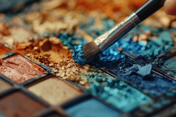 Close-up of a makeup brush selecting a shimmering eyeshadow from a palette. - obrazy, fototapety, plakaty
