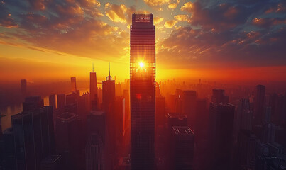 skycrapers tower with A sun set drone Aerial shot of skyscrapers of business centre generative ai - obrazy, fototapety, plakaty