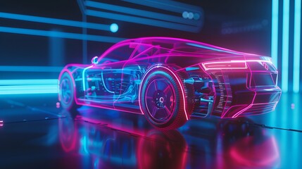 A futuristic self-driving car equipped with touch and motion sensors for enhanced safety, visualized as a holographic silhouette - obrazy, fototapety, plakaty