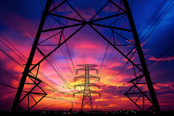Electric high voltage power towers at sunset - AI Generated