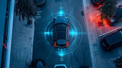 A smart car parking assist system is visualized from a top view, featuring autonomous technology for secure road scanning and self-parking - obrazy, fototapety, plakaty