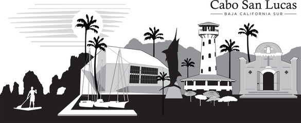 Vector illustration of the skyline cityscape of Cabo San Lucas, Mexico
