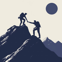 Two silhouettes climbing a mountain and aiding each other in reaching the peak, symbolizing the idea of help and assistance - AI Generated